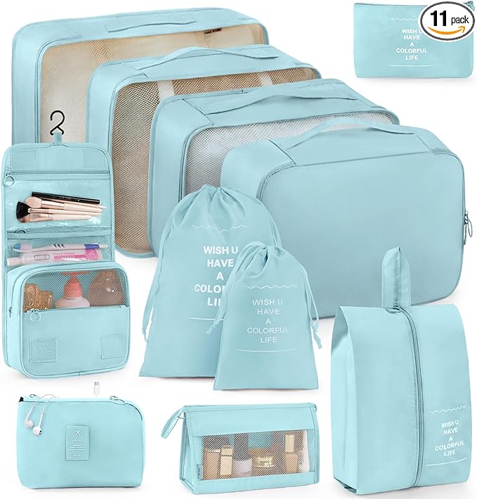 Anjing 11 Set Packing Cubes for Travel, Space-Saving Luggage Organizers, Suitcase Organizer Bags Set, Essentials for Carry-on Suitcases, Lake Blue (WMUS20230315X01-3)