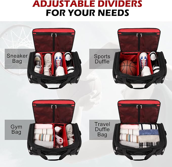 Scothen Sneaker Bag for Travel, Outdoor Sports Gym Bag Shoe Bag for 4 Pairs of Sneakers up to Size 14, Travel Duffel Bag with 3 Adjustable Dividers & Shoulder Strap, Sneakerhead Gift