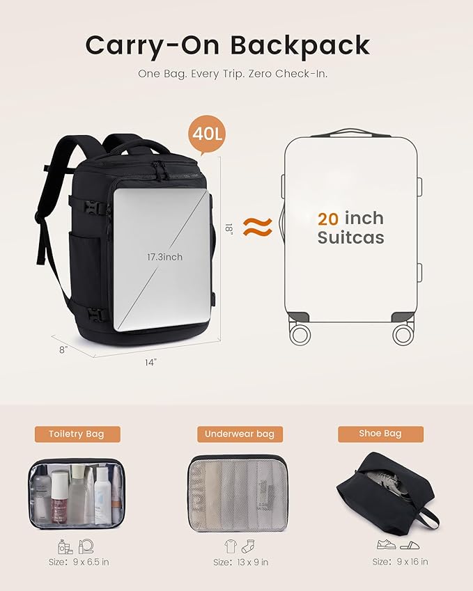 LOVEVOOK Travel Backpack for Women & Men, 40L TSA Approved Carry On Backpack with 3 Packing Cubes, Waterproof Weekender Overnight Bag, Business Travel Essentials, Beige-Black-Orange