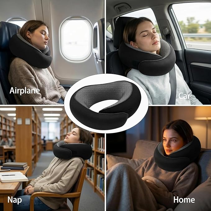 Travel Neck Pillow for Airplane - 100% Memory Foam 360° Ergonomic Support - Adjustable Velcro, Washable Velvet Cover & Compact Storage Case - Flight Essentials for Sleeping (Black)