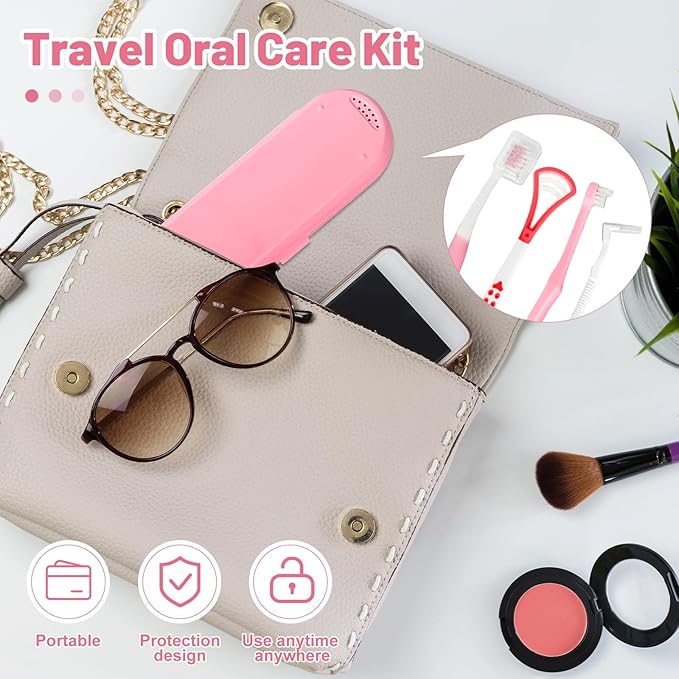 7-in-1 Travel Oral Care Kit with Case – Toothbrush, Tongue Scraper, Wisdom Toothbrush, Dental Floss, Floss Threaders, Interdental Brush, Dental Wax, Portable Hygiene Set for Daily Use Travel (Pink)