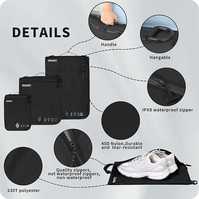 Eulant 4 Set Vacuum Packing Bags for Travel With Pump,Professional IPX8 Zip Packing Organizer for Suitcases Backpack,Space Saver Bags Packing Organizers for Clothing Packing(4 Set No Pump,Black)