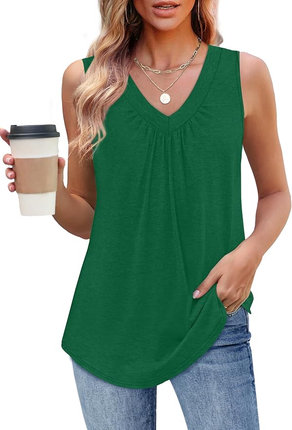 OFEEFAN Tank Top for Women Loose Fit Sleeveless Shirts V Neck Summer Clothes Ruched Women's Tees and Tanks Curved Hem