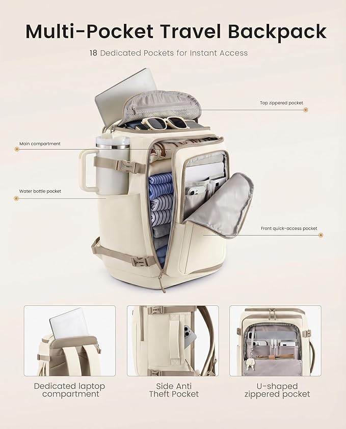 LOVEVOOK Travel Backpack for Women & Men, 40L TSA Approved Carry On Backpack with 3 Packing Cubes, Waterproof Weekender Overnight Bag for 2-4 Day Trips, Business & Travel Essentials, Khaki-Beige