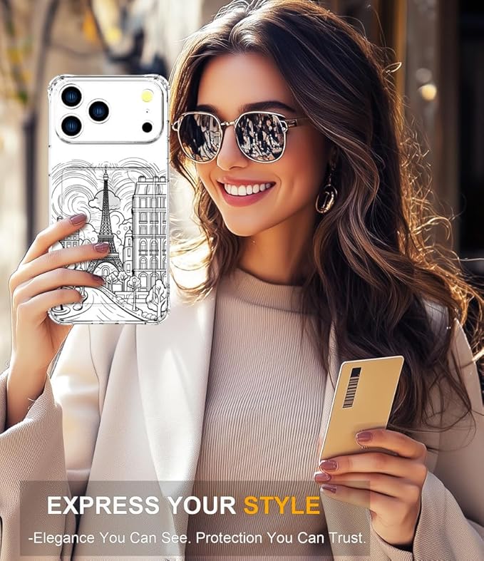 Compatible with iPhone 17 Pro Max Case Card Holder for Women Cute Design,Wallet Phone Cases Transparent Cool Kawaii Protective (Clear Paris City Eiffel Tower)