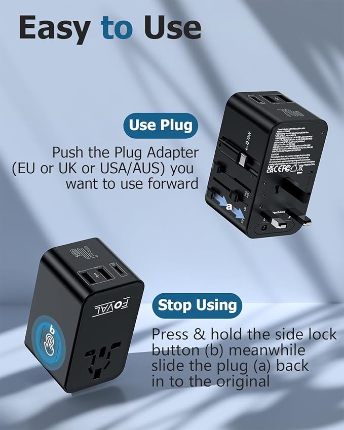 FOVAL European Travel Plug Adapter, Universal Travel Adapter with Retractable USB C Cable, All-in-one International Power Adapter for Europe Italy UK US AUS (70W)