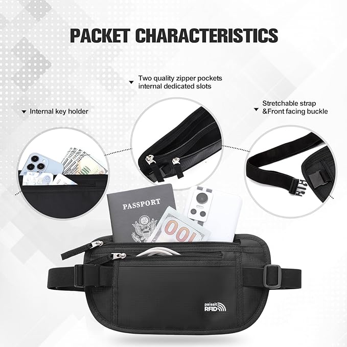 Small Unisex Money Belt For Men and Women, Slim Passport Holder RFID Blocking Travel Essentials Pouch with Adjustable Strap Small Waist Pouch for Workout Running Travelling Hiking, Black & 8 Sleeves