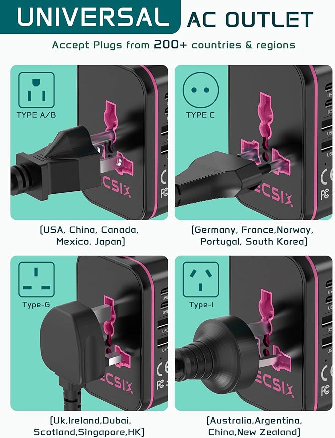 Universal Travel Adapter Worldwide, TECSIX European Travel Plug Adapter with 2 USB C, 2 USB A and Multi AC Outlets, International Power Converter for EU US UK AUS 200+ Countries Type A C G I