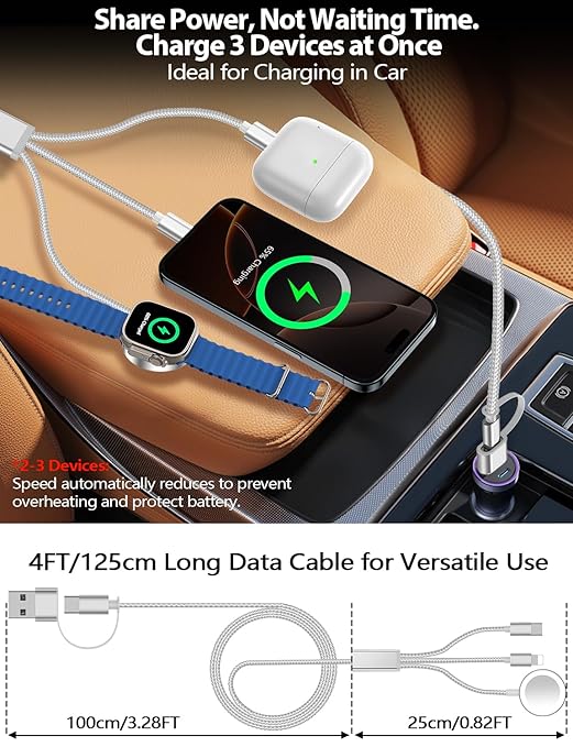 Travel Essentials for Apple Watch Charger,iPhone Charger,3 in 2 Type C/Lightning/Magnetic Travel Charging Cable Docks,Multi Charging Cable Portable Designed for iWatch Series,iPhone 17-11,S26,Car-4FT