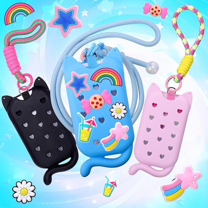 Juome Hand Sanitizer Spray Case for Touchland with Adjustable Keychain Lanyard & Charms, Cat Silicone Protective Holder for Touch Land Mist Case 1FL. OZ, Travel Cover Sleeve Accessory - Blue