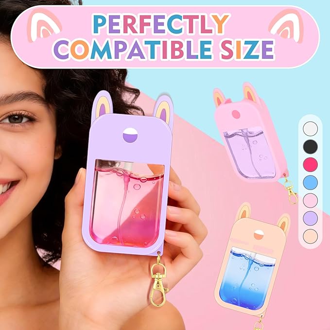 7 Pcs Silicone Case Compatible with Touchland Hand Sanitizer Spray, Cute Bunny Ear Protective Spray Holder Travel Size with Keychain Set for Power Mist & Glow Mist 1 fl oz, Hand Sanitizer Accessory