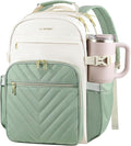VANKEAN Laptop Backpack for Women with Giant Tumbler Holder Pocket,17.3 inch School College Book Bag Nurse Teacher Backpack,Waterproof Work Travel Backpack Purse Laptop Computer Bag, Beige-Light Green