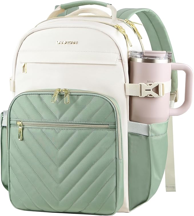 VANKEAN Laptop Backpack for Women with Giant Tumbler Holder Pocket,17.3 inch School College Book Bag Nurse Teacher Backpack,Waterproof Work Travel Backpack Purse Laptop Computer Bag, Beige-Light Green
