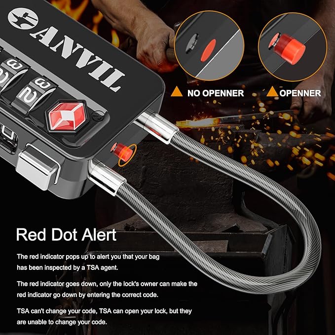 ANVIL TSA Locks for Luggage with Search Alert: Durable Cable Combination Locks, TSA Approved - Secure Travel Locks for Suitcases, Backpacks & Gun Cases (4, Black)