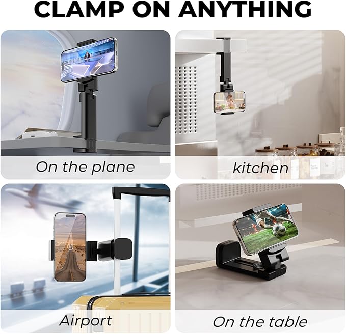 Airplane Phone Holder, Dual 360° Rotation Plane Phone Holder Travel Essentials for Long Flight, Desk, Tray, Compact Cell Phone Mount w/ Durable Automatic Spring Clamp, Phone Gadget for Long Trip, Gym