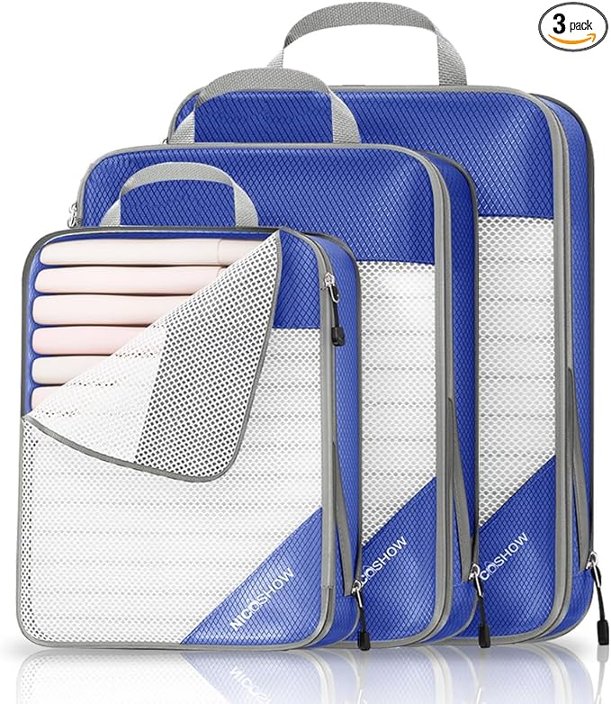 NICOSHOW Compression Packing Cubes 3 Set, Compressible Space-Saving Packing Cubes for Travel - Compression Bags, Luggage Organizer, Travel Essentials for Women, Royal Blue