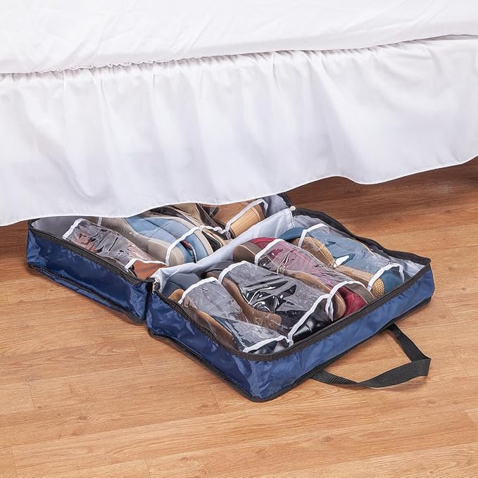 Shoe Storage Case, Crafted With Durable Vinyl, Zippers For Easy Access, Home Organization – Navy Blue, Measures 19 1/2" L x 13 1/4" W x 5 1/2" D