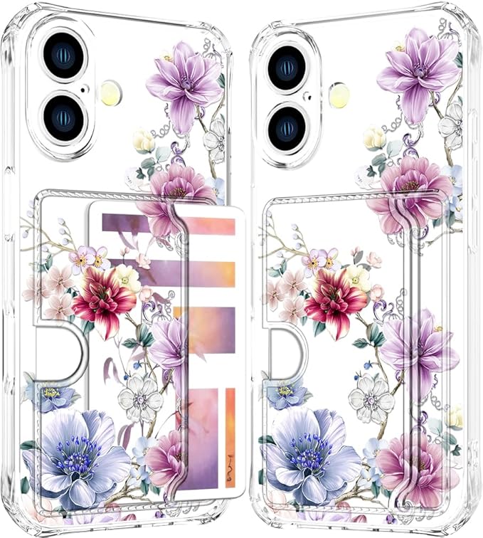 Compatible with iPhone 16 Plus Case Card Holder for Women Cute Design,Wallet Phone Cases Transparent Cool Kawaii Protective (Clear Wonderful Large Flowers)