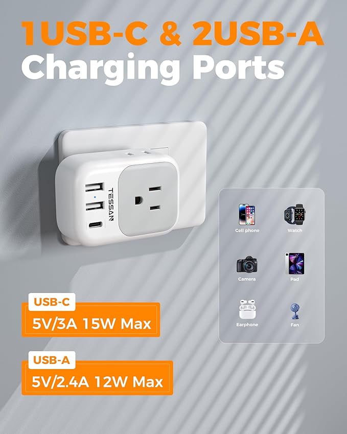 TESSAN Italy Travel Plug Adapter, Type L Adapter for Travel with 4 Outlets 3 USB Ports (1 USB-C), Power Adaptor for US to Italy Chile Rome Uruguay Milan Libya