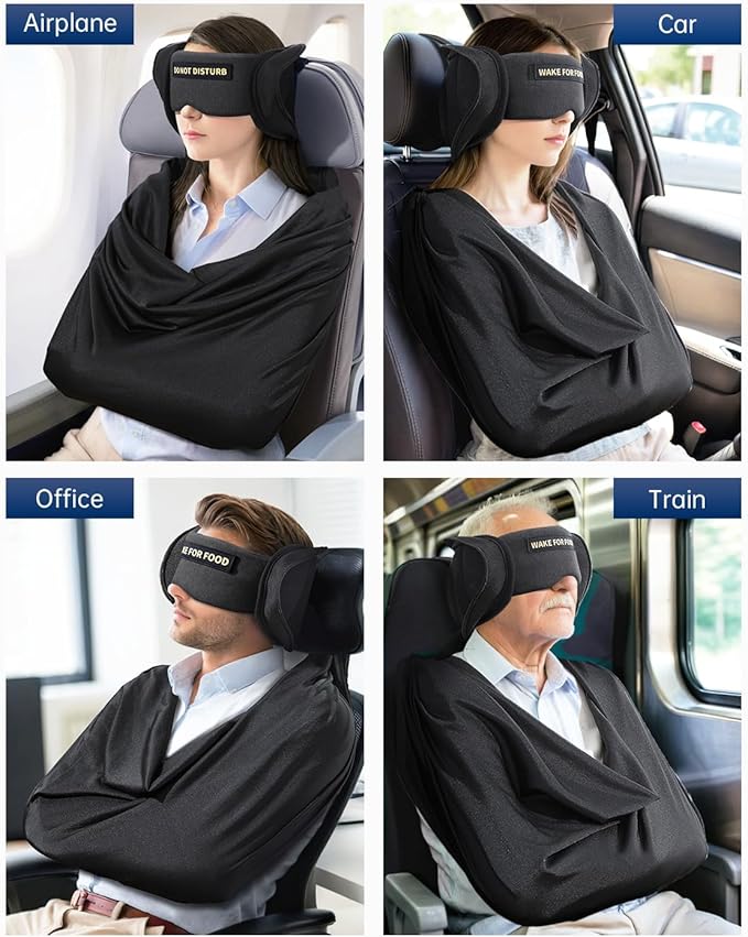Travel Pillow and Blanket Set, Compact Airplane Pillow Bag with Eye Mask for Long Flights Sleeping, 360° Support Head Strap Travel Essentials for Plane Car Sleep Neck Upright, Stop Bobblehead (Black)