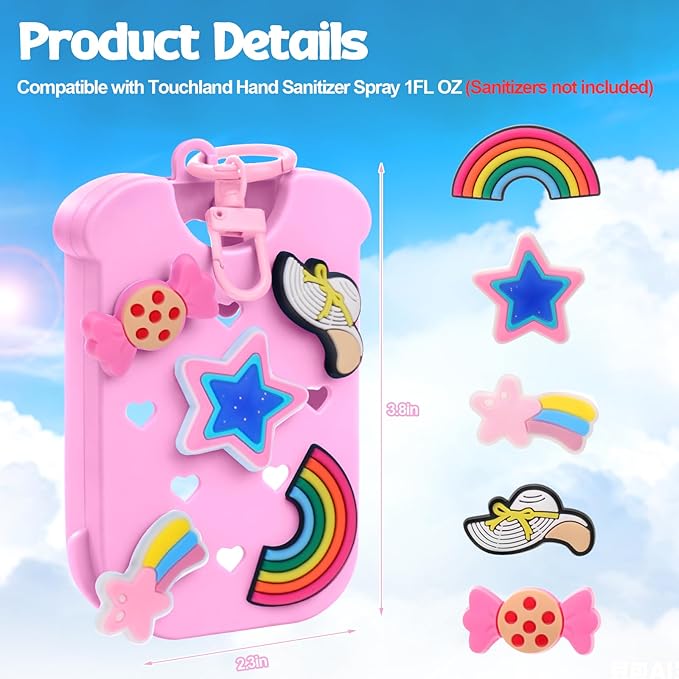 Mity rain Hand Sanitizer Spray Case Compatible With Touchland, Cute Silicone Hand Sanitizer Holder Keychain with 4 Charms, Portable Refillable Sanitizer Accessory, Gift for Women And Teens