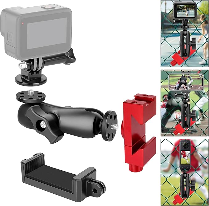 Fence Mount for Gopro, Aluminum Phone Fence Mount Compatible with Gopro, Mevo Start, Smartphone, Action Camera, Insta360, Game Changer Mounting Kit for Baseball, Softball, Tennis, Football Recording