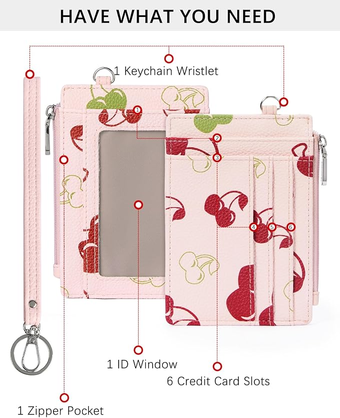 BOSTANTEN Small Wallet For Women RFID Leather Credit Card Holder Slim Wristlet Keychain Wallet With Zipper Pocket, Cherry