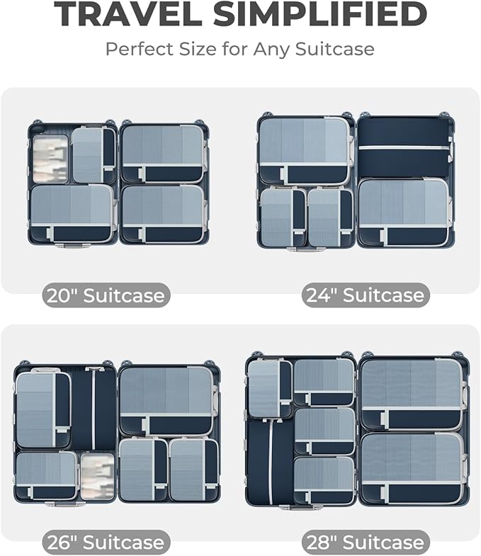 Percover Compression Packing Cubes 8-Piece Set, Packing Cubes Compression for Travel with Laundry Bag & Shoe Bag, Travel Organizer for Carry On & Checked Luggage, Navy Blue