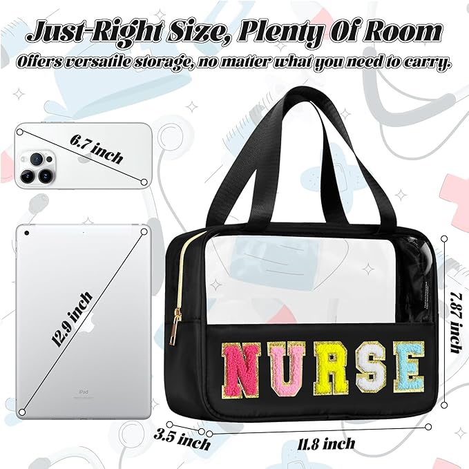 BuyCard Chenille Letter Patch Clear Travel Bags, Preppy PVC&Nylon Makeup Bag with Handle and Zipper, Waterproof Large Clear Travel Toiletry Bag Storage Bag for Women Girls