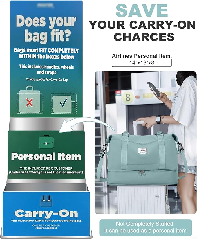 Travel Duffel Bag, 18x14x8 Inches Travel Bag Spirit with Shoes Compartment, Weekender Overnight Bag for Women with Trolley Sleeve, Carry On Bag for Airplanes Sport Tote Gym Bag LightBlue