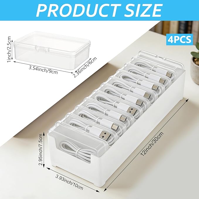 4 Sets Cable Organizer Storage Box with 11 Clear Switch Case Desktop Cable Management Box Power Cord Organizer Stackable Cords Storage Organizer for Office Home Desk Accessories Stationery Supplies