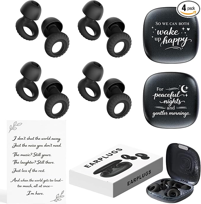 Noise Cancelling Ear Plugs for Sleeping, Concerts, Travel & Couples – Reusable Silicone Earplugs for Noise Reduction & Hearing Protection – 4 Pairs, Black + Black