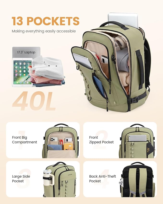LOVEVOOK 40L Travel Backpack for Men Women, Waterproof Carry On Backpack for Work & Travel, Flight Approved Personal Item with 3 Packing Cubes, TSA Bag Fits 17.3" Laptop,Light pink