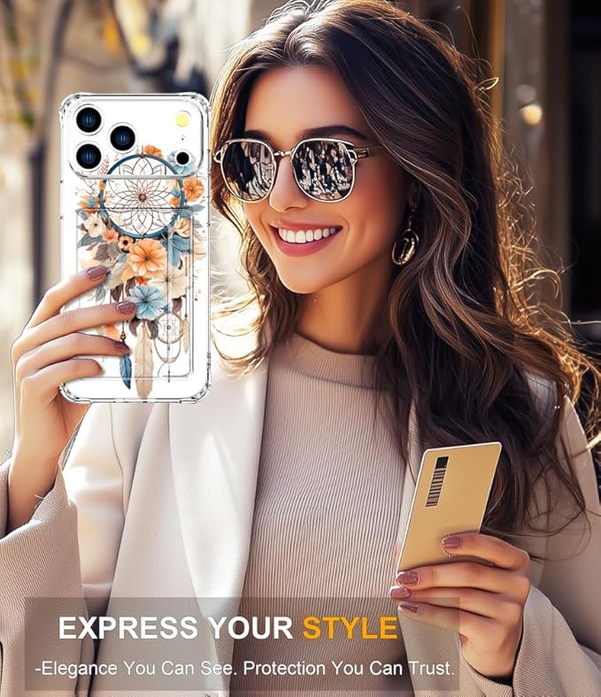 Compatible with iPhone 17 Pro Max Case Card Holder for Women Cute Design,Wallet Phone Cases Transparent Cool Kawaii Protective (Clear Dreamcatcher Dream Cather)