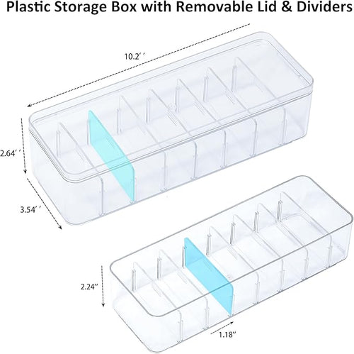 2 Pack Cable Organizer Box with Lid, Plastic Cord Storage Organizer with 8 Adjustable Compartments for Home Office Desk Drawer, Clear Phone Charger Bins