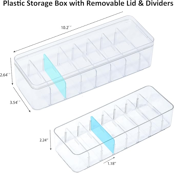Cord Storage Organizer for Desk Drawer, Plastic Adjustable Cable Organizer Box with Lid and Wire Ties, Clear Phone Charger Case for Home Office