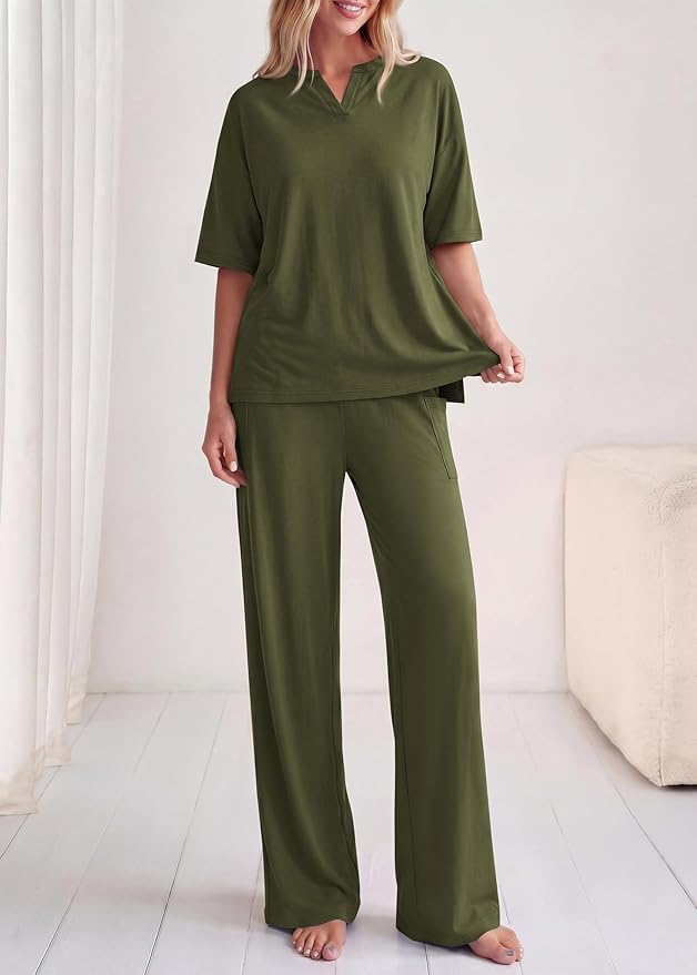 KIRUNDO Womens 2 Piece Matching Lounge Set Airport Travel Vacation Summer Outfits Oversized Short Sleeve Tops Wide Leg Pants