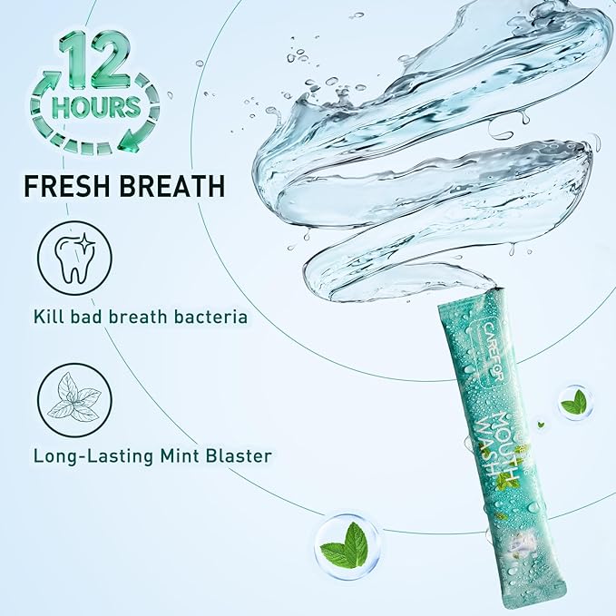 CAREFOR Mouthwash Travel Size Portable Packets to Go, Alcohol & Fluoride Free Fresh Mint MouthwashStrips for Superior Oral Hygiene,30 Individual Disposable Mouthwash Packs(Pack of 30)
