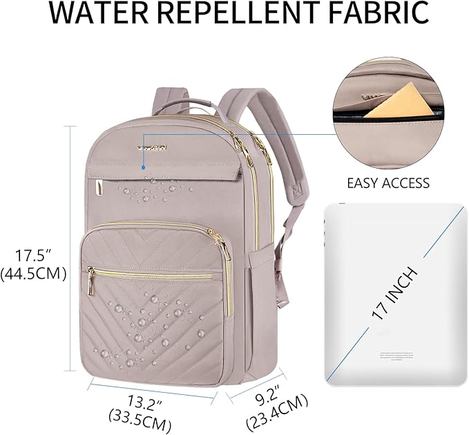 VANKEAN 17.3 Inch Laptop Backpack for Women Work Laptop Bag Fashion with USB Port, Waterproof Backpacks Stylish Travel Bags Casual Daypacks for College, Business, Light Dusty Pink