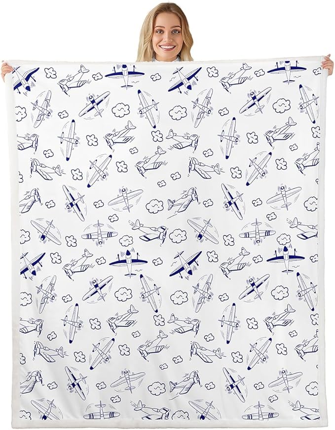 Airplane Kids Throw Blanket,Cartoon Aircraft American Plane Bed Blanket for Girls Boys Adults,Cute Cloud Airplane Fleece Blanket,Blue White Fuzzy Blanket,Baby Size (30 x 39 Inches)