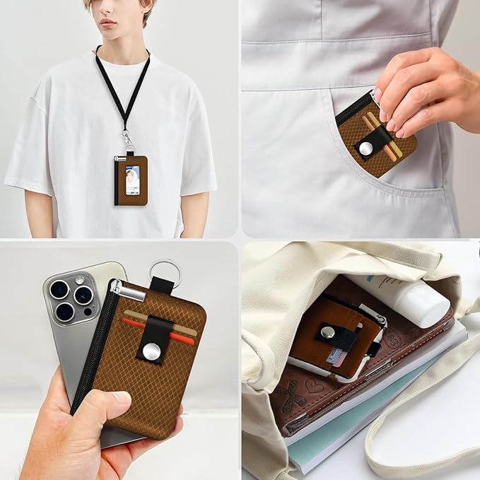 Minimalist RFID Blocking Small Wallet with ID Window,WaterResistant Zip Id Case Wallet with Lanyard Keychain for Cards,Cash,Travel,Women,Men (Brown)
