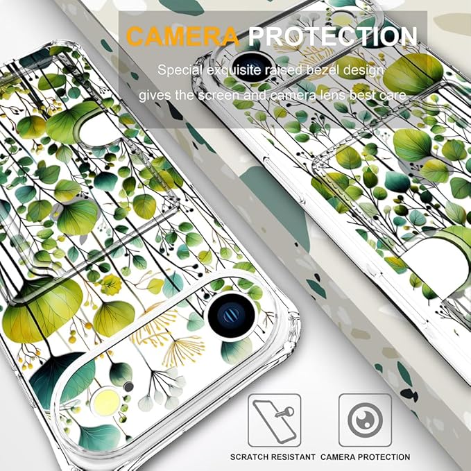 Compatible with iPhone 17 Air Case Card Holder for Women Cute Design,Wallet Phone Cases Transparent Cool Kawaii Protective (Clear Green Flower Leaves Buds)