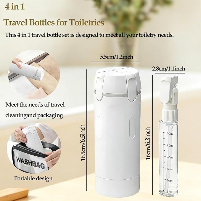 4 in 1 Travel Dispenser Bottle Travel Bottle Dispenser for Toiletries TSA Approved Leakproof with 4 Pack 30Ml Travel Size Pump Bottles & Labels, Suitable for Lotion Shampoo Conditioner Cream