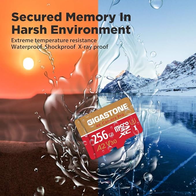 【5-Years Data Recovery】 GIGASTONE 256GB Memory Card 2 Pack 4K Pro Camera Compatible with GoPro Switch, Speed 100MB/s. A2 U3 V30 Micro SDXC Card with SD Adapter.