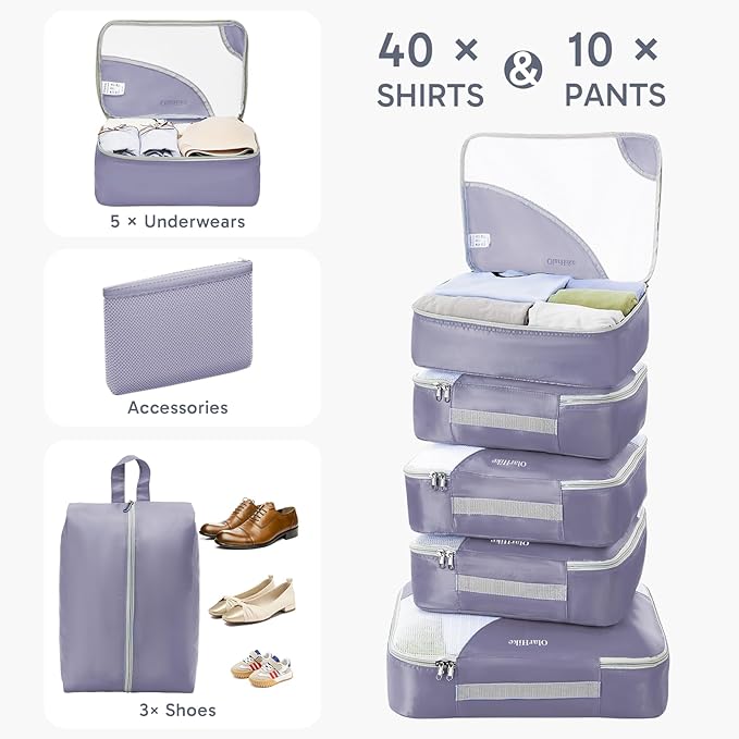 OlarHike ALL INCLUDED 10 Set Durable Packing Cubes for Travel,Gifts for Women Mom,Luggage & Suitcase Organizers with Toiletry Bag,Vacation Essentials for Cruise & Plane,Beach Accessories,Purple Gray