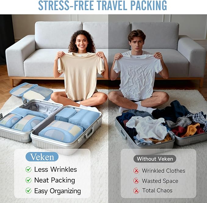 Veken 8 Set Packing Cubes for Travel Essentials, Suitcase Organizer Bags in 4 Sizes, Carry-On Luggage Accessories with Large Laundry Bag & Passport Holder, Must-Have for Airplane, Road Trip & Camping