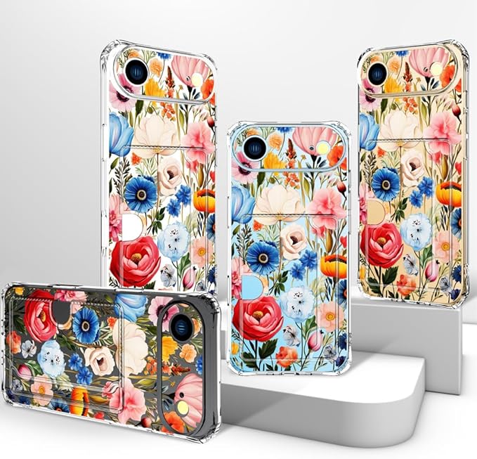 Compatible with iPhone 17 Air Case Card Holder for Women Cute Design,Wallet Phone Cases Transparent Cool Kawaii Protective (Clear Flower Art Rose Peony)