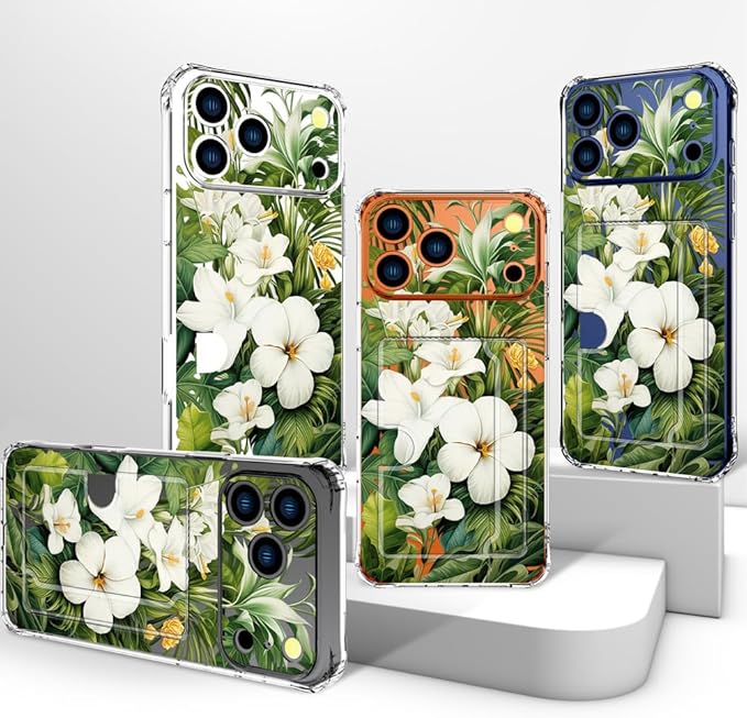 Compatible with iPhone 17 Pro Max Case Card Holder for Women Cute Design,Wallet Phone Cases Transparent Cool Kawaii Protective (Clear Green Flowers Tropical Jungle)