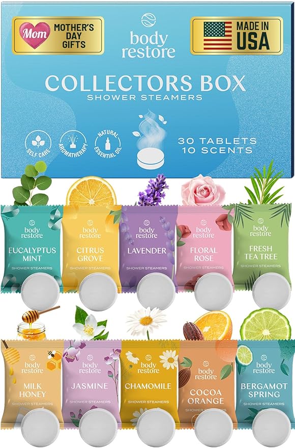 Body Restore Shower Steamers Aromatherapy 30 Pack – Mothers Day Gifts for Mom, Birthday Gifts for Women and Men, Relaxation Stress Relief Self Care – Collectors Box