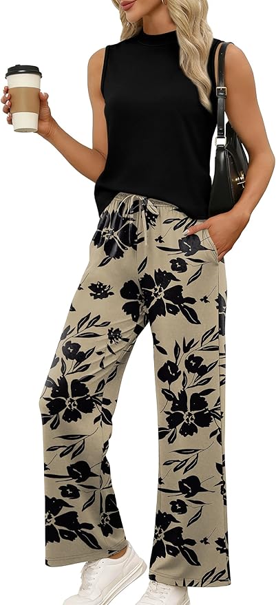 WIHOLL Two Piece Set for Women Summer Spring Outfits Cruise Travel Airport Beach Vacation Mock Neck Wide Leg Pants Set